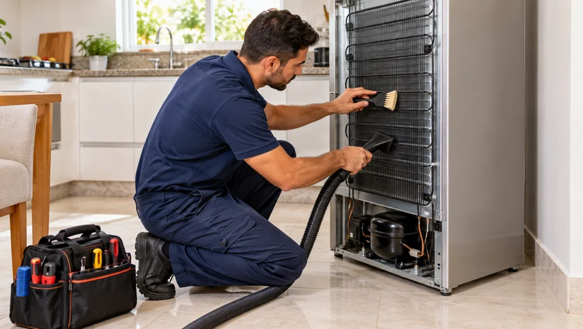 Técnico limpando o condensador na parte traseira de uma geladeira.